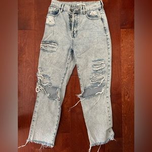 ripped light wash jeans, “high rise straight”